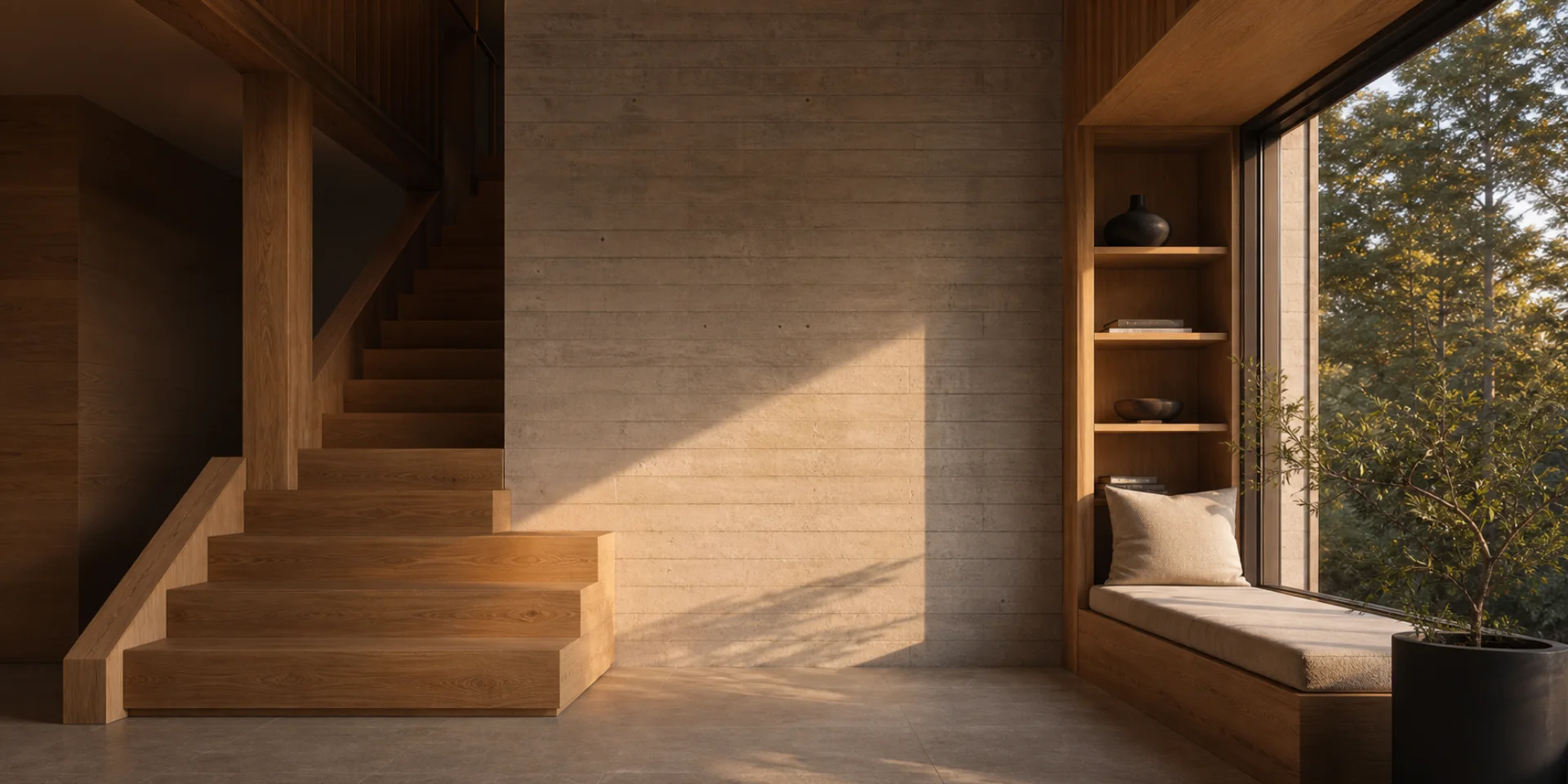 A finished timber stair and sunlit living room